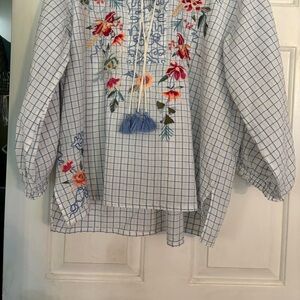 Johnny Was Blue Checkered Embroidered Top